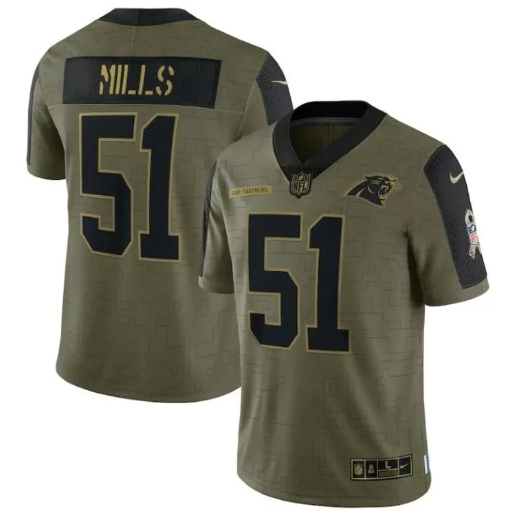 Sam Mills 51 Panthers Jersey Olive Green Salute To Service Military Appreciation Ribbon