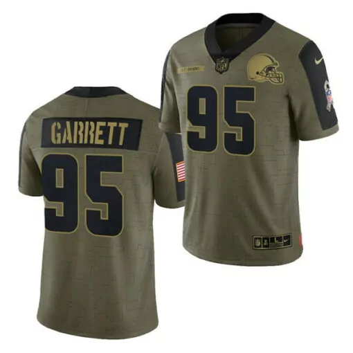 Myles Garrett 95 Cleveland Browns Jersey Olive Green Salute To Service American Flag Helmet
