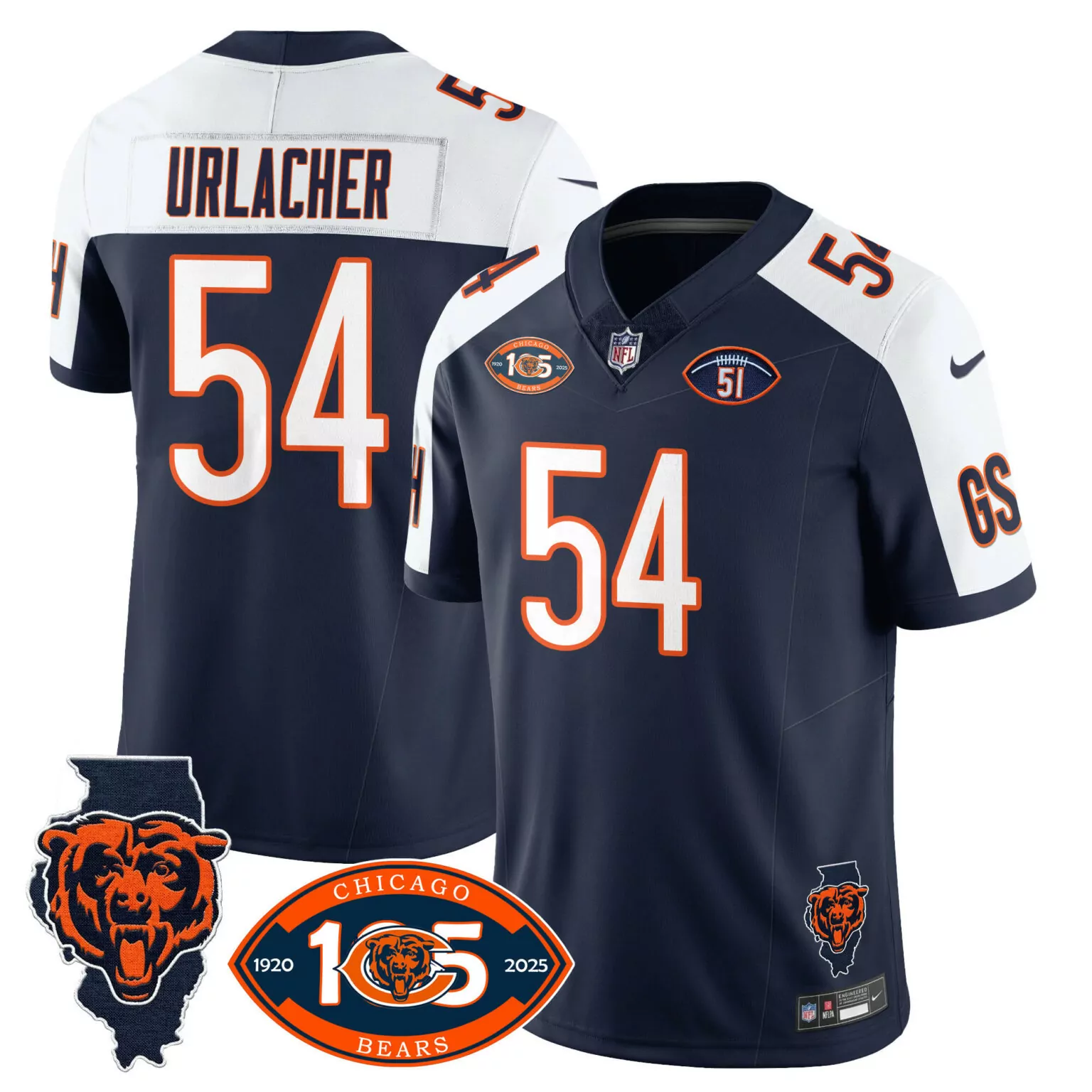 Brian Urlacher 54 Chicago Bears Jersey Navy Blue 100th Season 1920-2025 Illinois State Shape