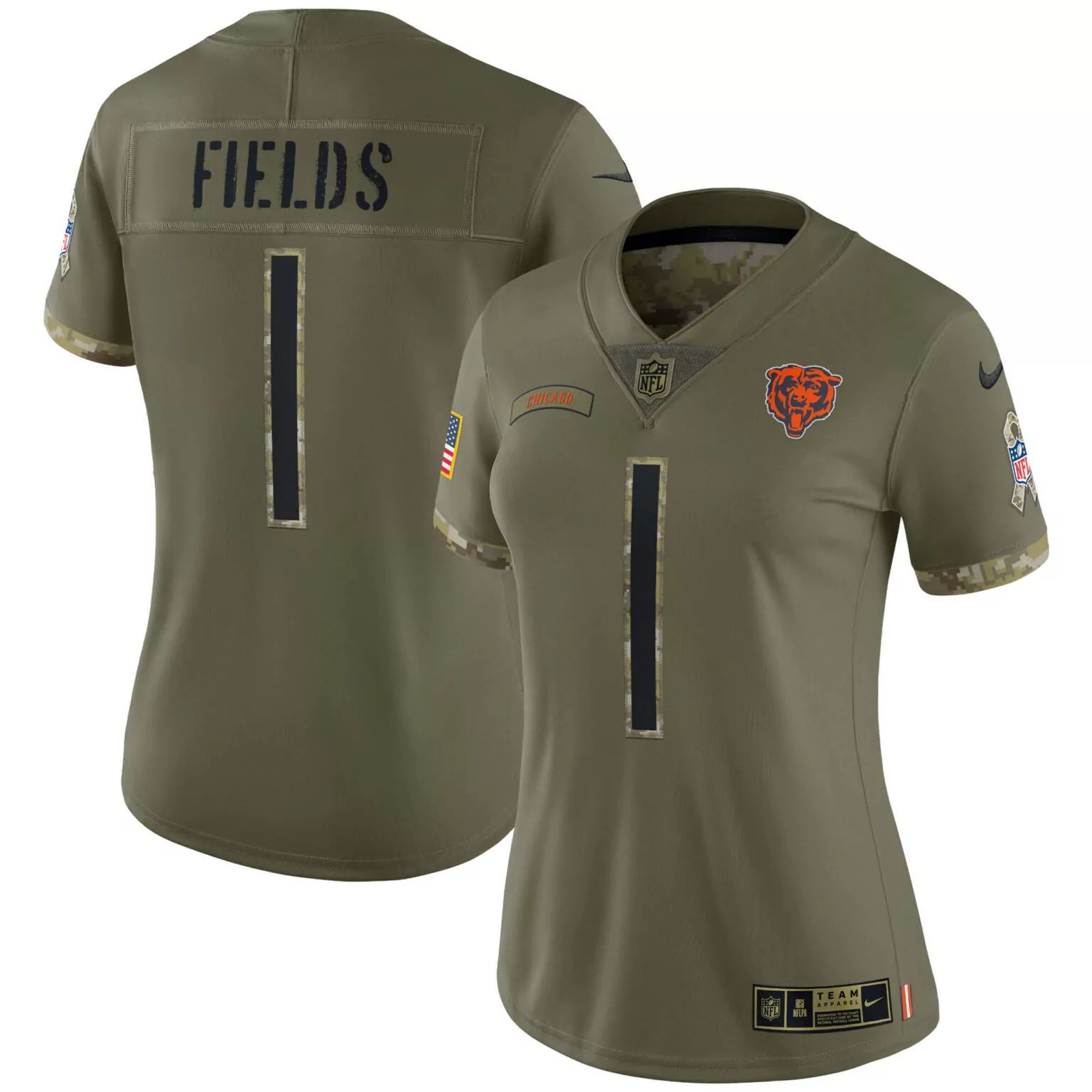 Justin Fields 1 Chicago Bears Jersey Olive Drab Salute To Service USA Flag Camo Women