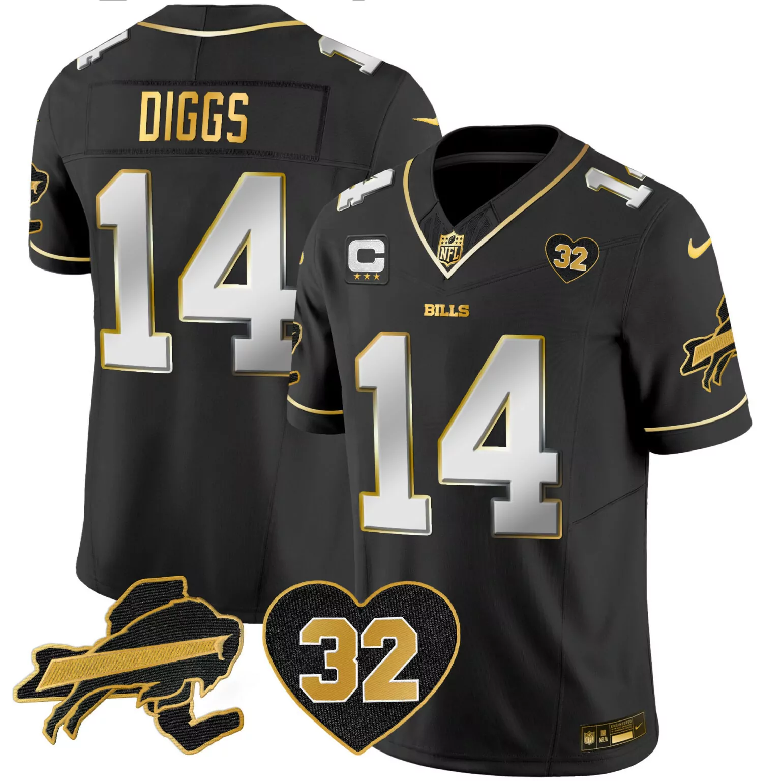 Stefon Diggs 14 Bills Jersey Black 32nd Anniversary Buffalo 32 Heart Men Gold Silver