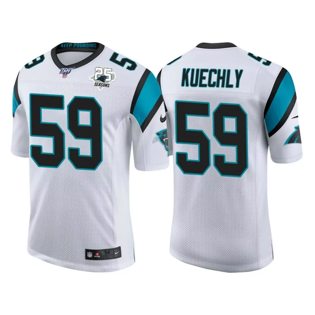 Luke Kuechly 59 Carolina Panthers Jersey White 25 Seasons Men NFL Black Teal Anniversary