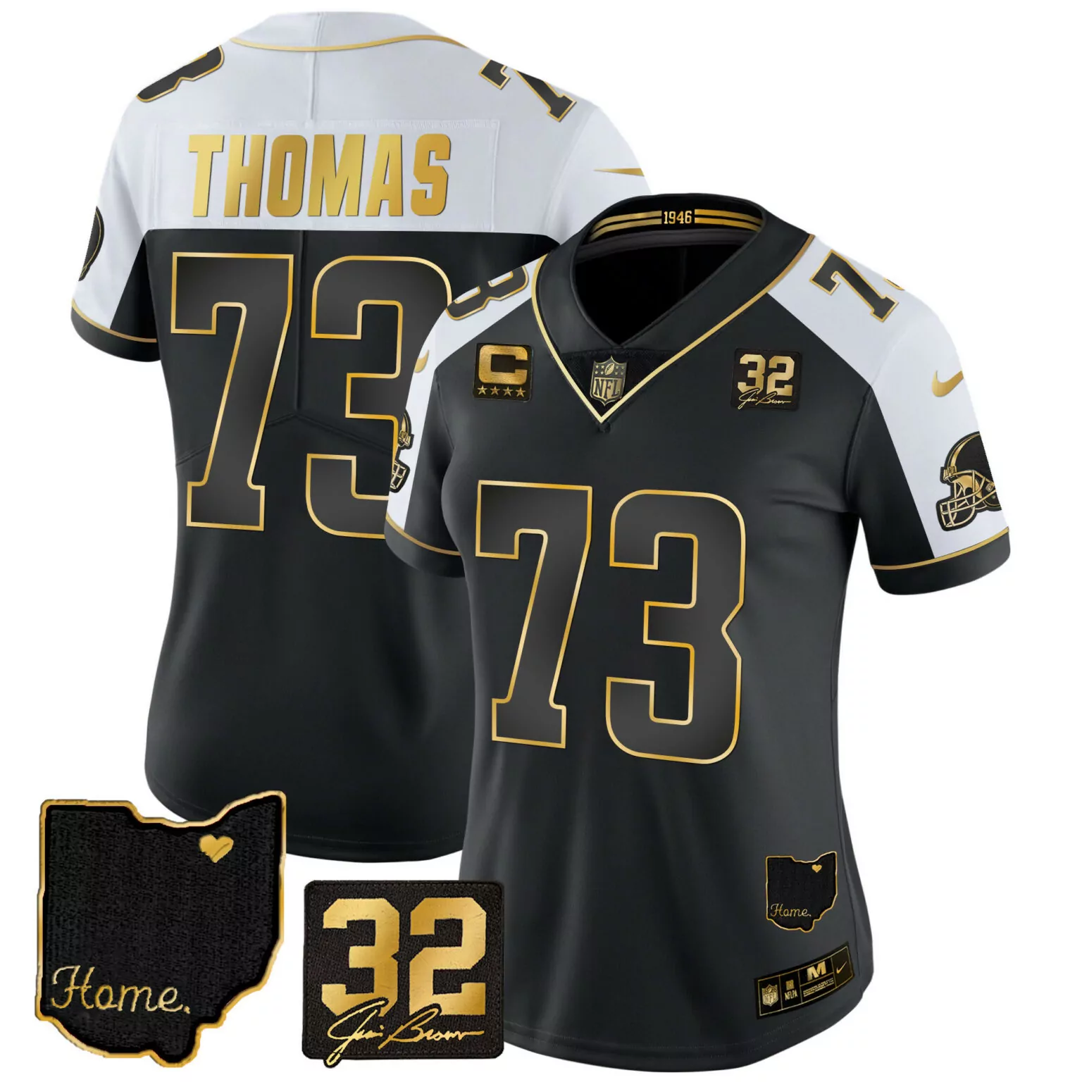 Thomas 73 Cleveland Browns Jersey Black 1946 Throwback Joe Brown 32 Ohio State Outline