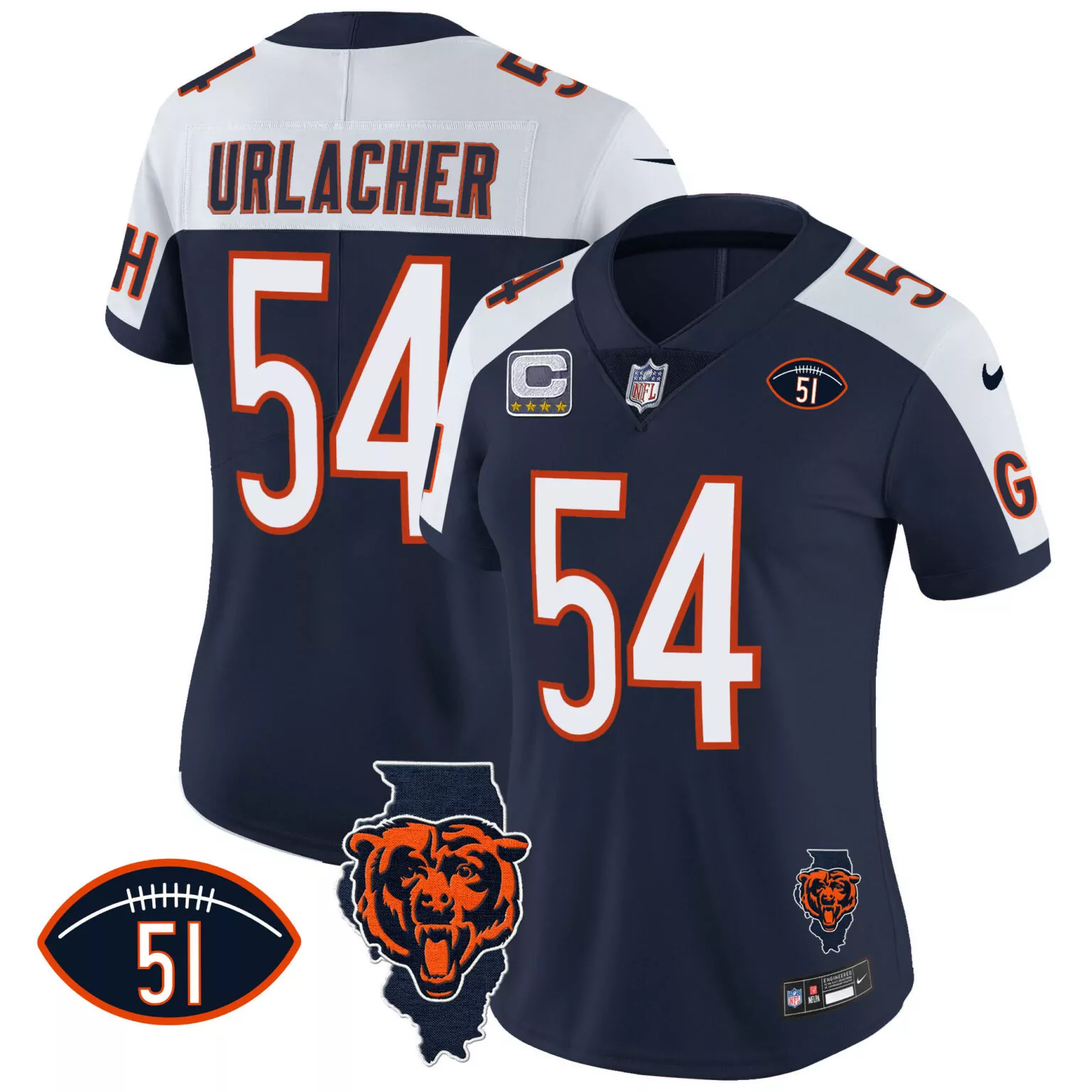 Brian Urlacher 54 Chicago Bears Jersey Navy Blue Captain Men White Orange Alternate