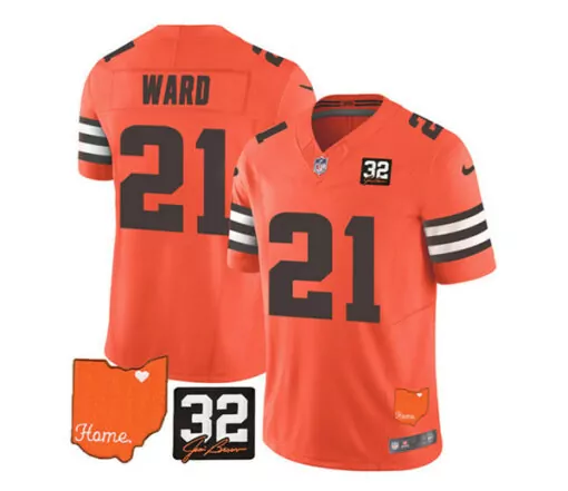 Denzel Ward 21 Cleveland Browns Jersey Orange Men Brown White Vapor Stitched