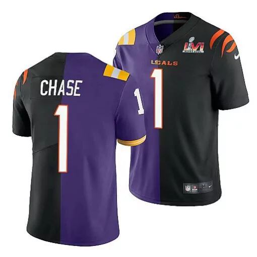 Ja'marr Chase 1 Bengals Jersey Purple Super Bowl Lvi 2022 Men Split Design Black