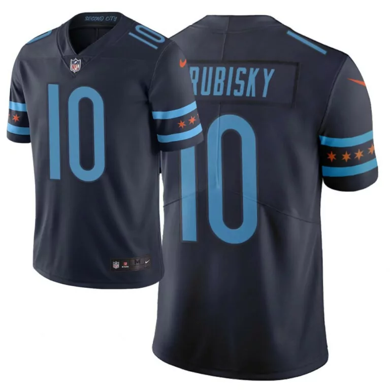 Mitchell Trubisky 10 Jersey Navy Blue Chicago Bears Men Light Orange Stitched