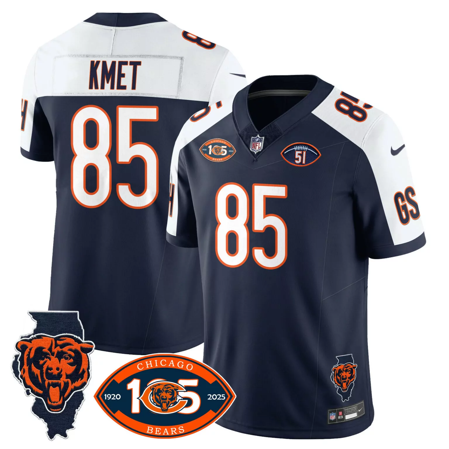 Cole Kmet 85 Chicago Bears Jersey Navy 100th Season Men NFL White Orange Alternate