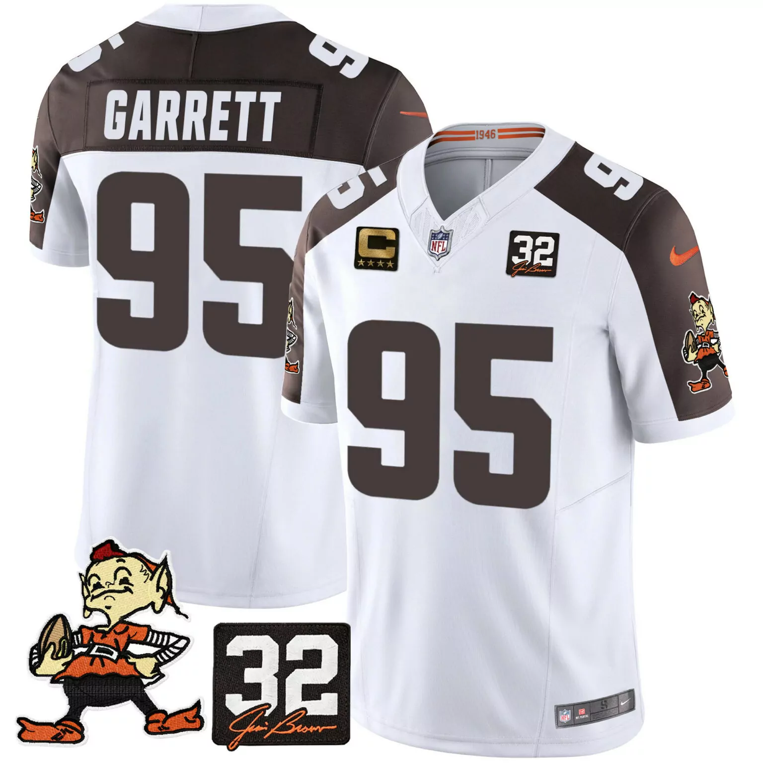 Myles Garrett 95 Cleveland Browns Jersey White Elf Jim Brown 32 Men NFL Alternate