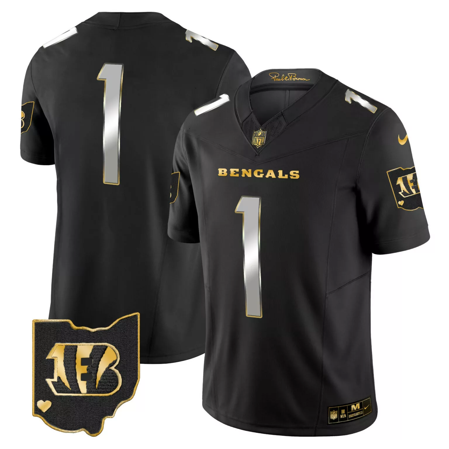 Custom Cincinnati Bengals 1 Jersey Black Paul Brown Signature Ohio Outline Men Gold