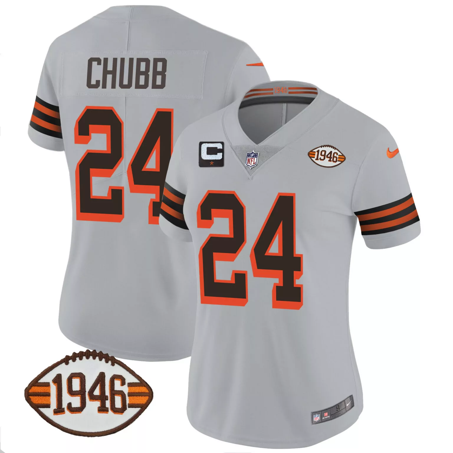 Nick Chubb 24 Cleveland Browns Jersey Gray Women Replica Throwback Design Orange