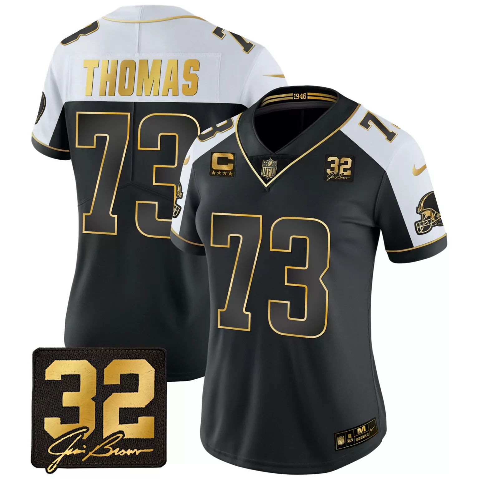 Thomas 73 Cleveland Browns Jersey Black Jim Brown 32 Helmet Four Stars Men Alternate