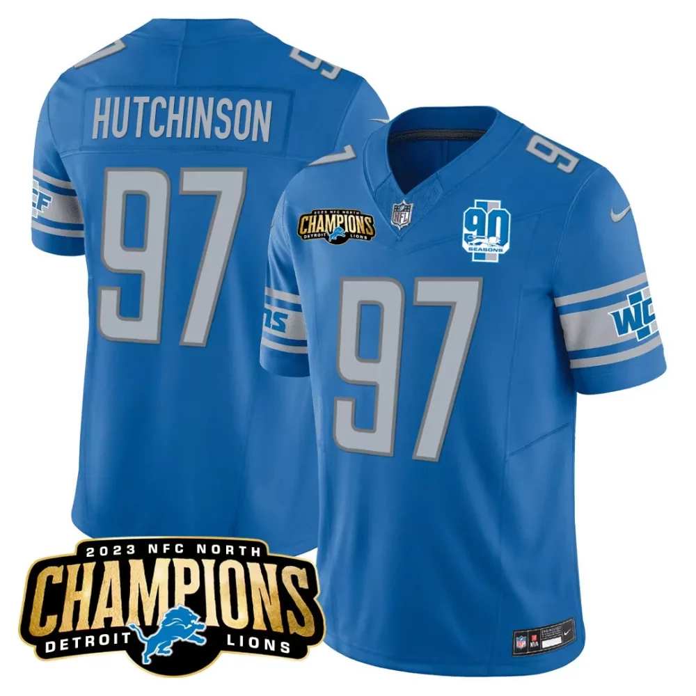 Aidan Hutchinson 97 Detroit Lions Jersey Blue 90 Seasons Men On-field Silver White
