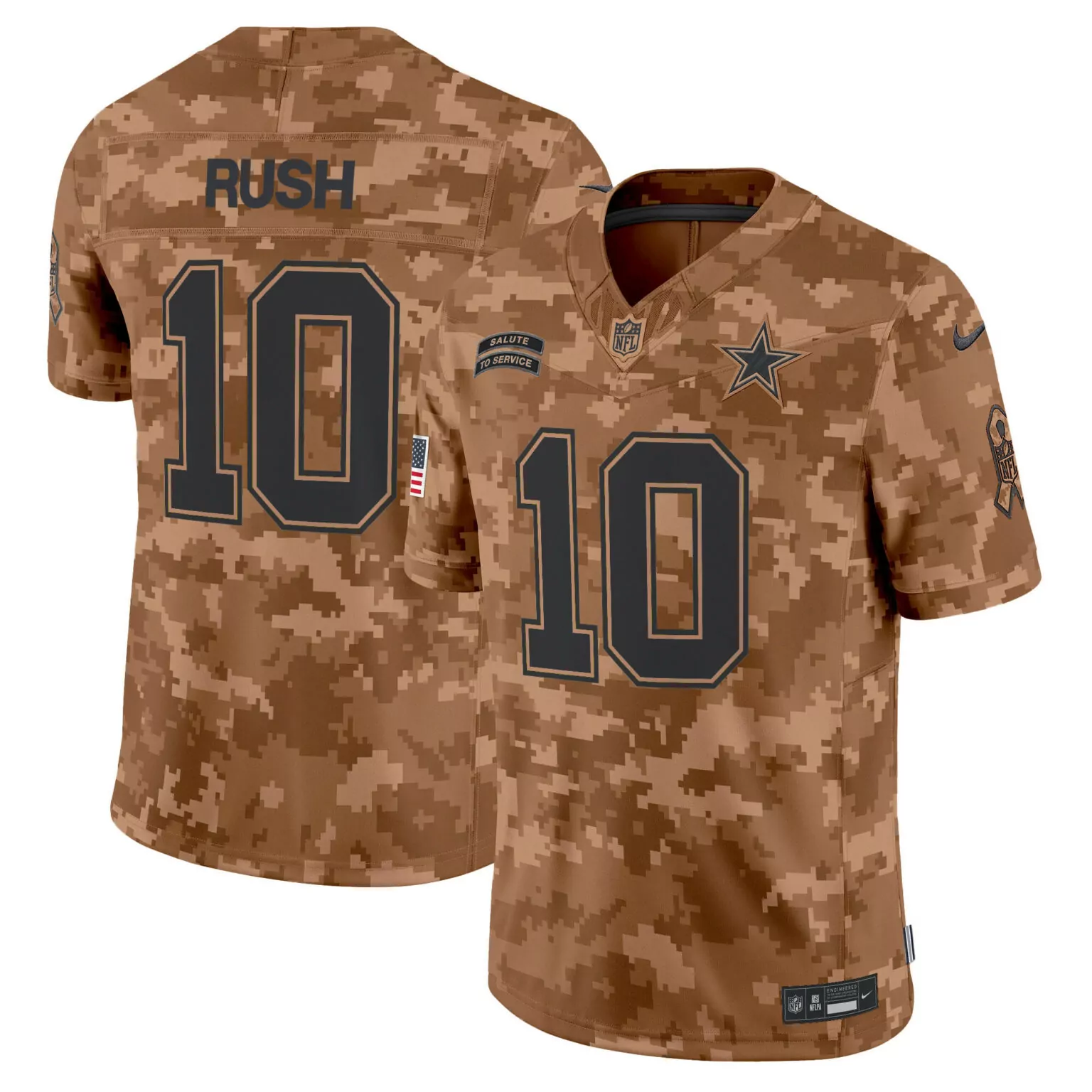 Cooper Rush 10 Dallas Cowboys Jersey Brown Salute To Service American Flag Men Camouflage