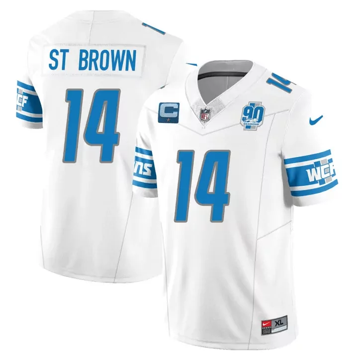 St Brown 14 Lions Jersey White 90 Seasons Men Standard Blue Silver Vapor v2 All Stitched