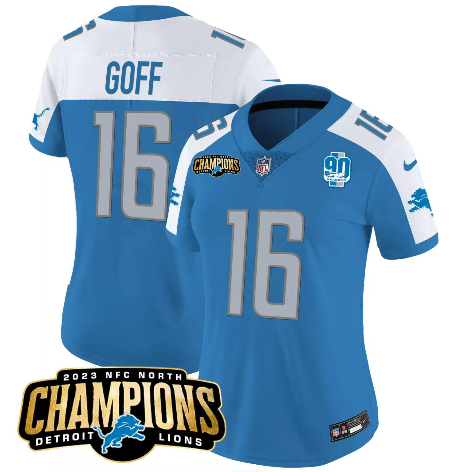 Jared Goff 16 Detroit Lions Jersey Blue 2023 NFC North Champions 90 Seasons Men Player