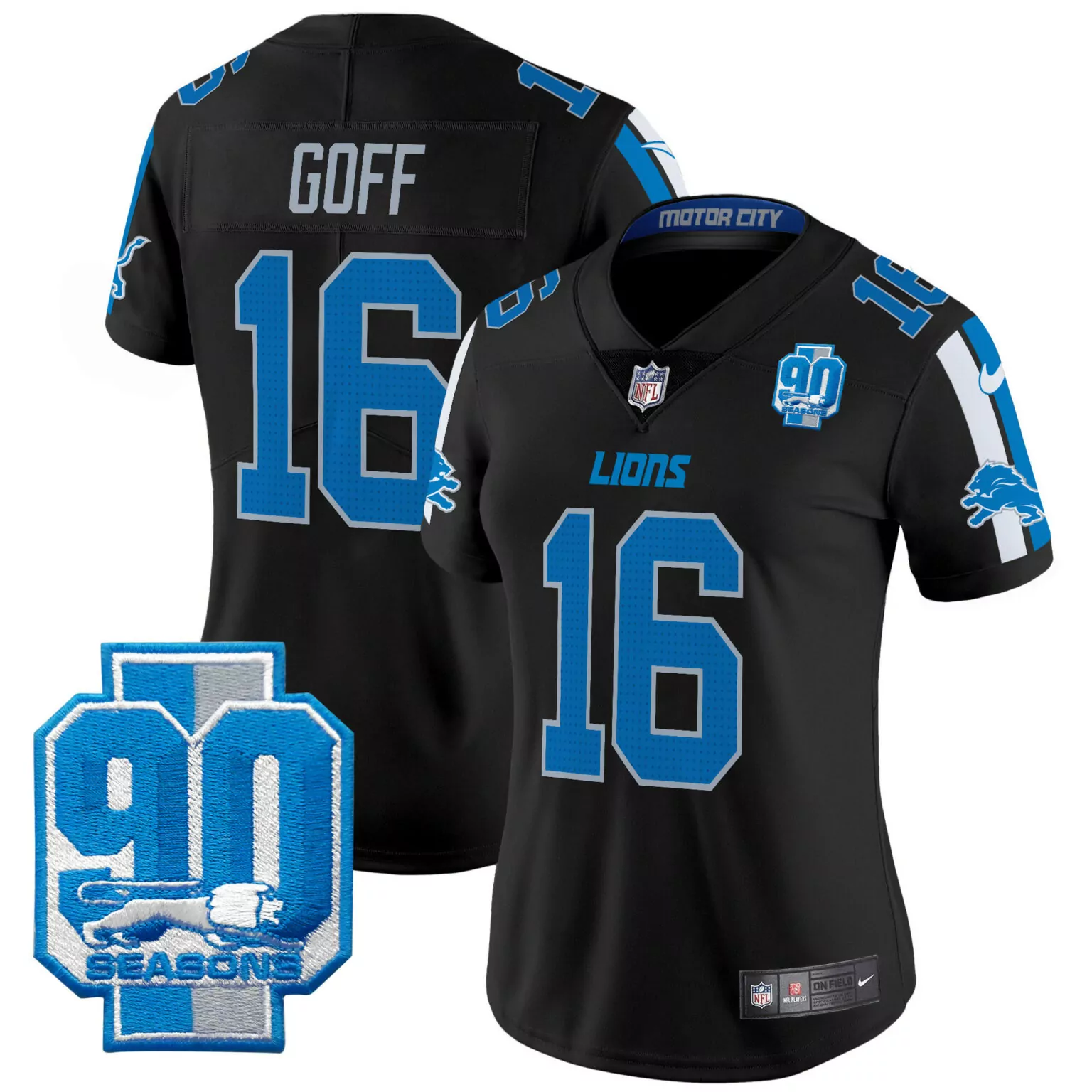 Jared Goff 16 Lions Jersey Black 90 Seasons Men NFL Blue White All Stitched