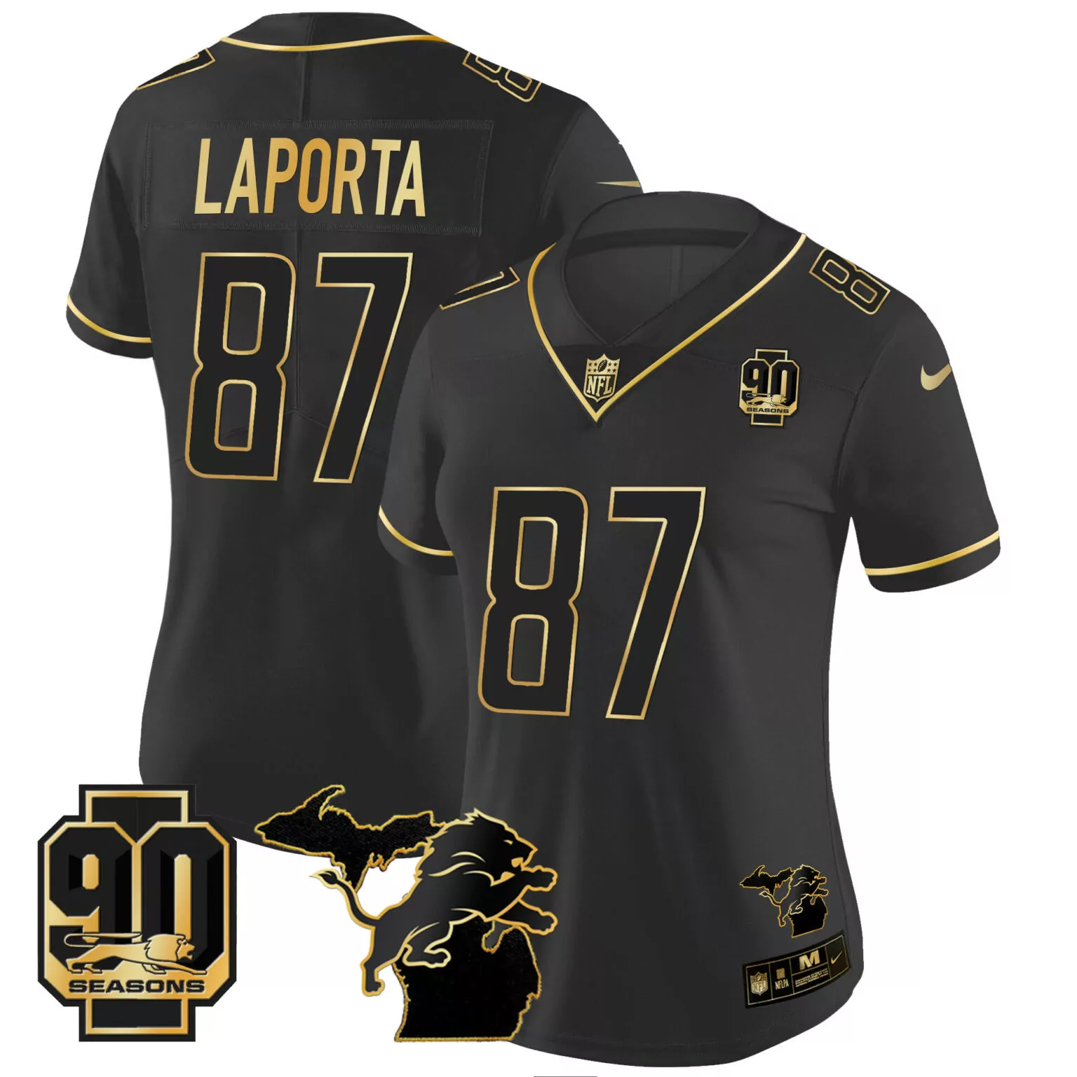 Sam Laporta 87 Detroit Lions Jersey Black 90 Seasons Men Gold All Stitched