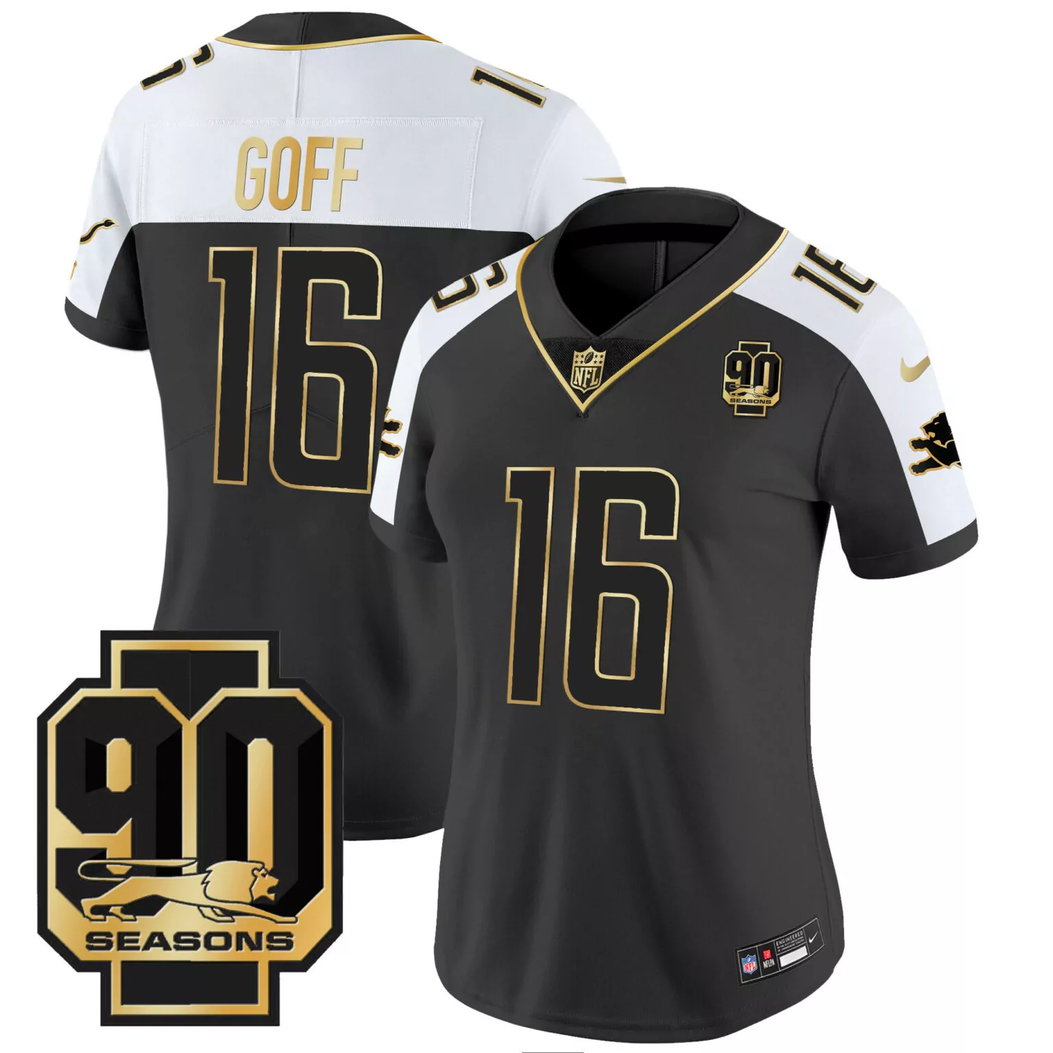 Jared Goff 16 Lions Jersey Black 90 Seasons Men NFL Alternate Split Design White