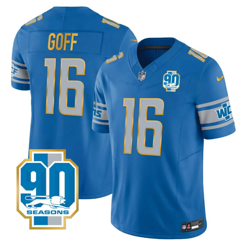 Jared Goff 16 Lions Jersey Blue 90 Seasons Men Player Grey White All Stitched