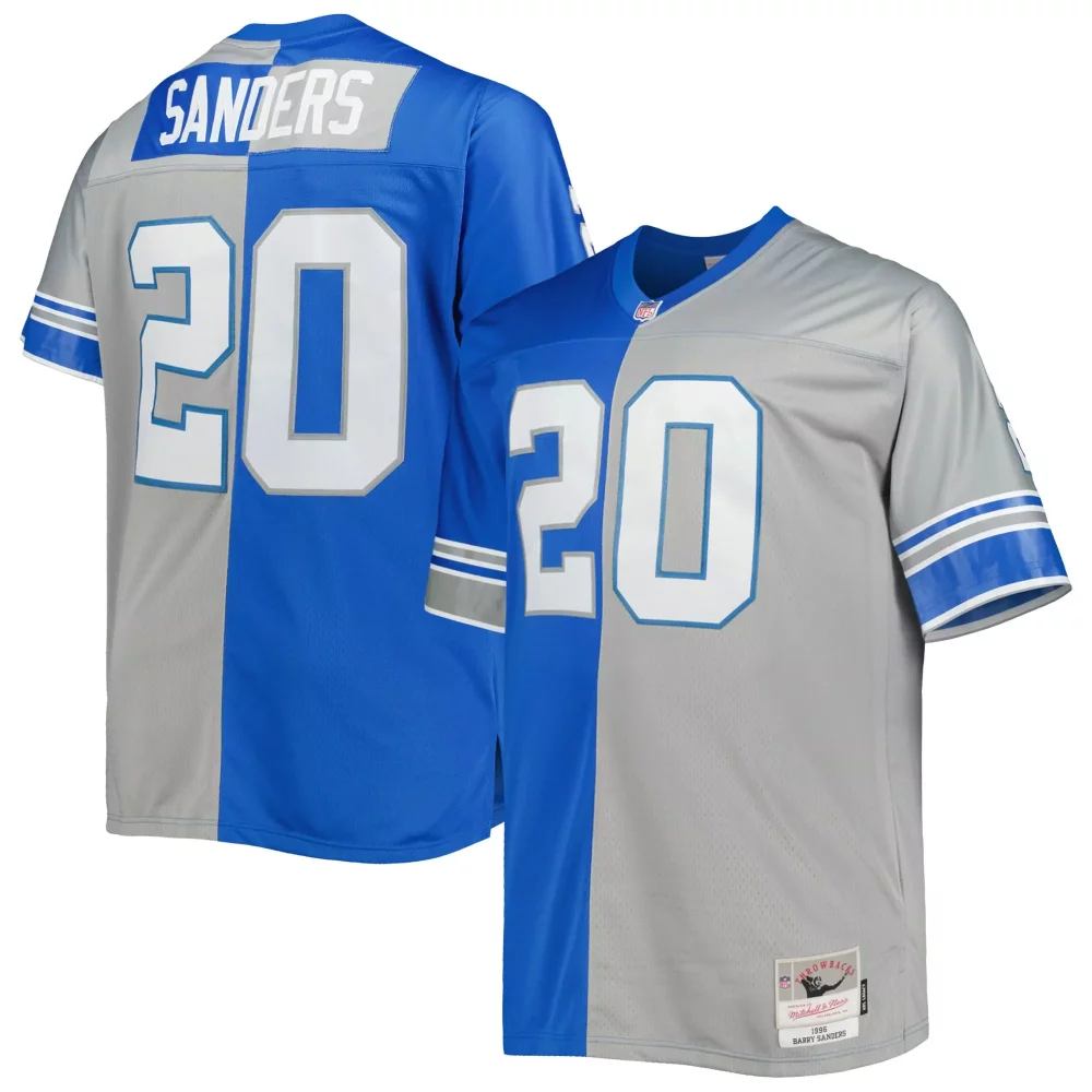 Barry Sanders 20 Detroit Lions Jersey Blue Men Split Design Grey White Legacy Retired