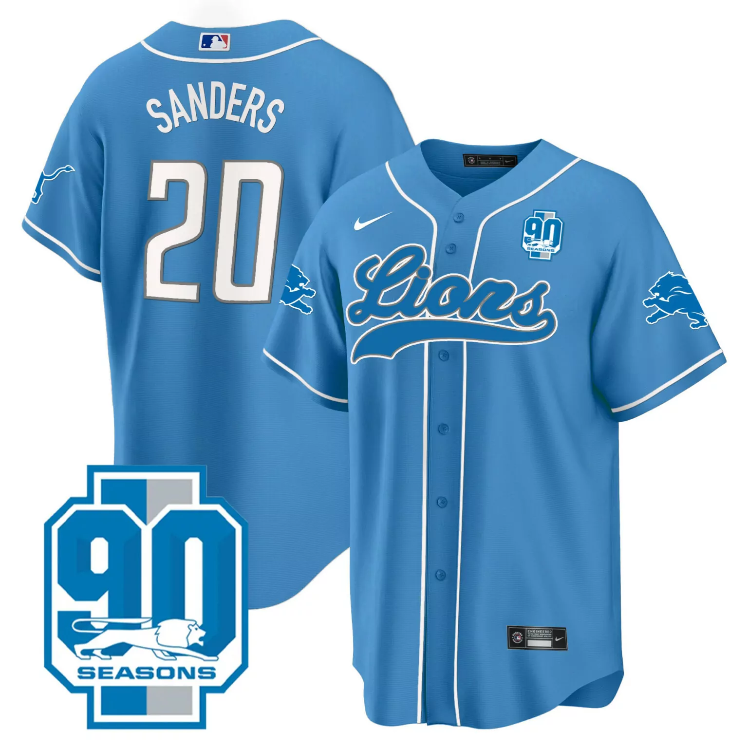 Barry Sanders 20 Lions Jersey Blue 90 Seasons Men White All Stitched