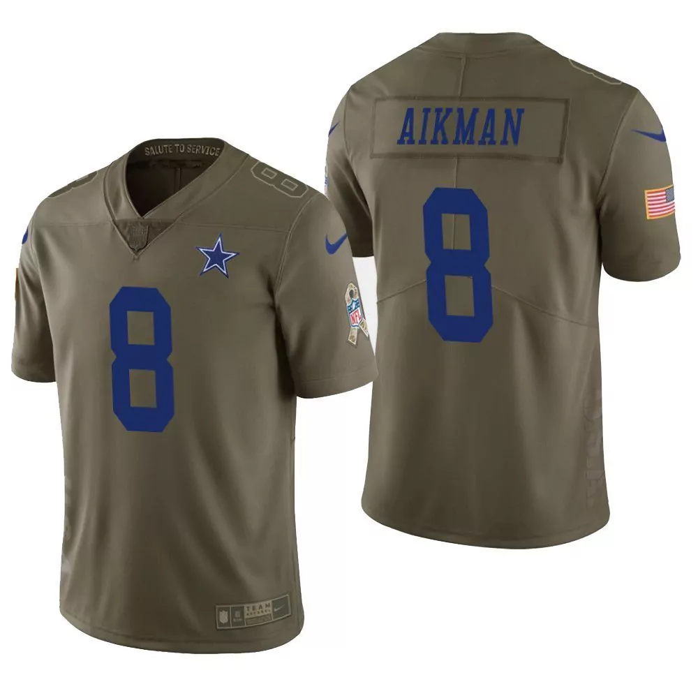 Troy Aikman 8 Dallas Cowboys Jersey Olive Green Salute To Service Us Flag Men Blue