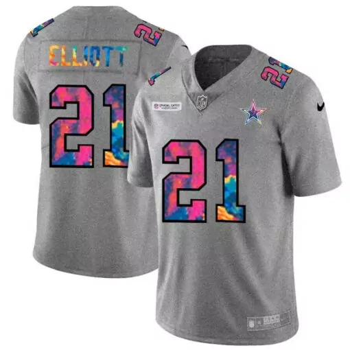 Ezekiel Elliott 21 Dallas Cowboys Jersey Gray Tie-dye Cashier Men Split Design Pink