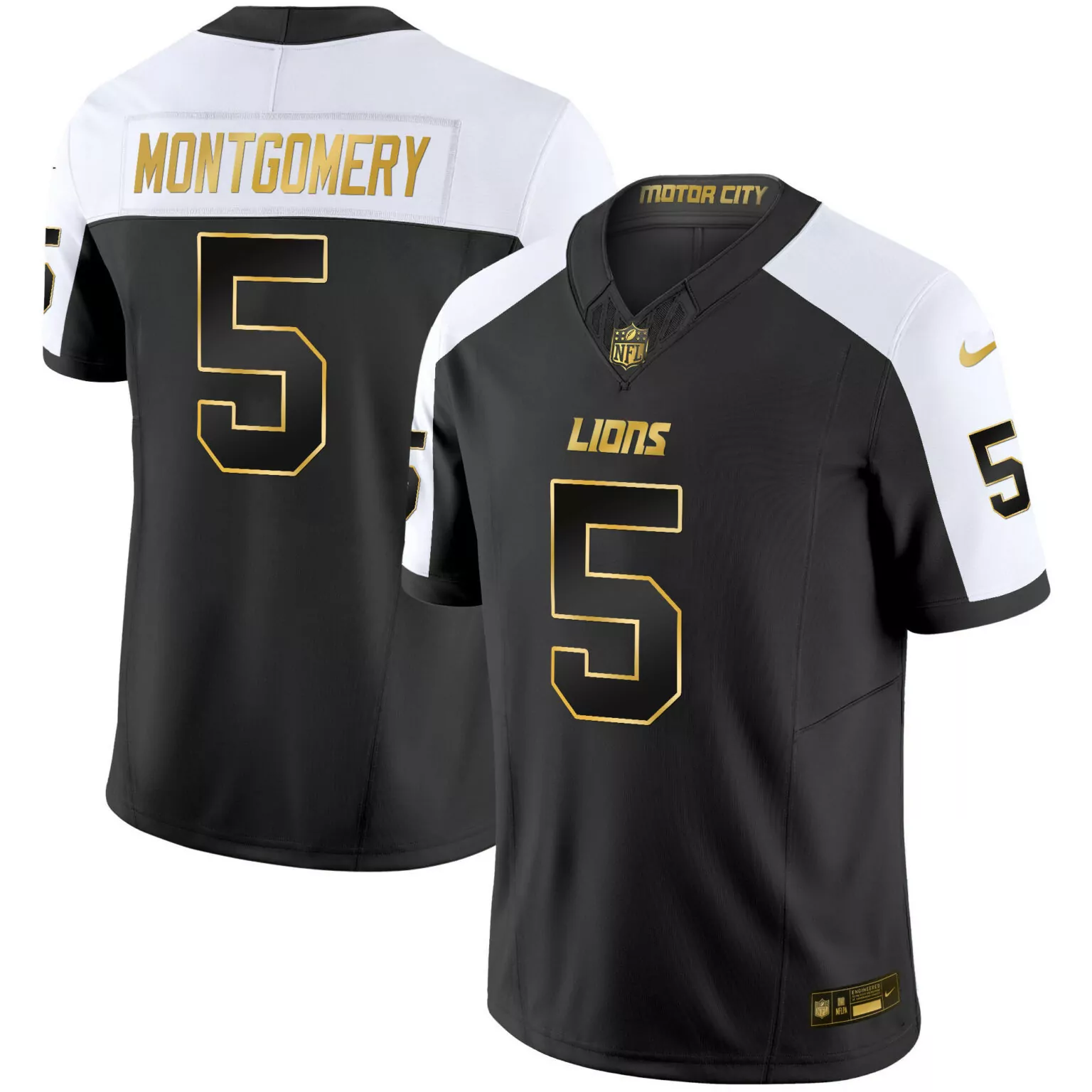 David Montgomery 5 Lions Jersey Black Motor City Men Alternate White Gold All Stitched