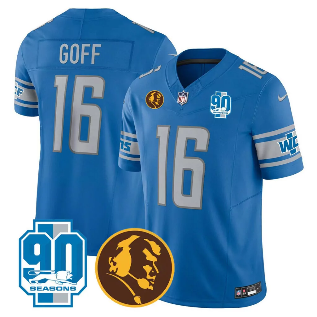 Jared Goff 16 Lions Jersey Blue 90 Seasons Men Short Sleeve Silver White All Stitched