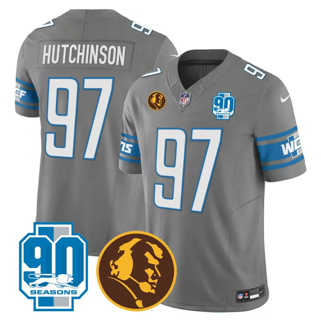 Hutchinson 97 Lions Jersey Gray 90th Anniversary 90 Seasons Men Alternate Blue White