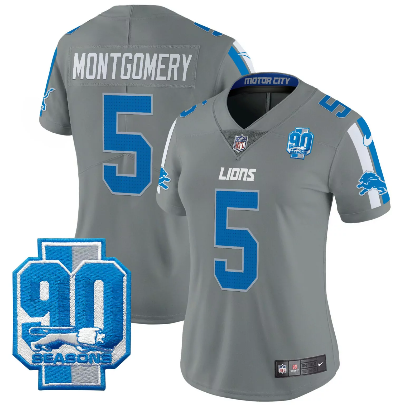 David Montgomery 5 Lions Jersey Gray 90 Seasons Men Player Alternate Blue White All