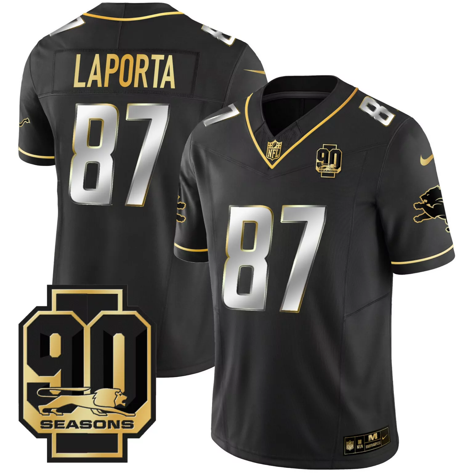 Sam Laporta 87 Detroit Lions Jersey Black 90 Seasons Men Game Gold Silver All Stitched