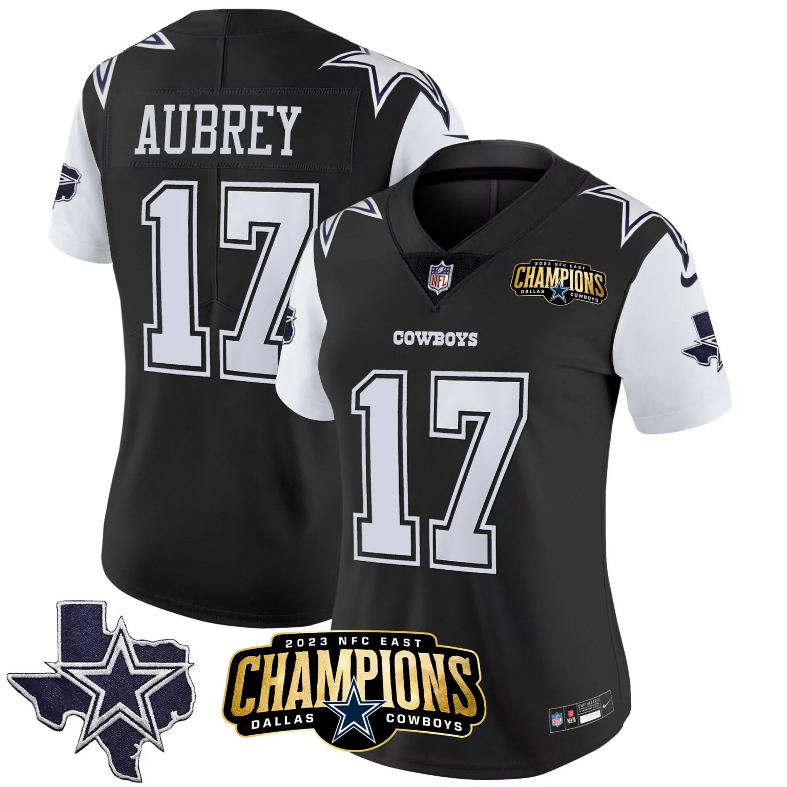 Brandon Aubrey 17 Cowboys Jersey Black NFC East Champions Texas Star 2023 Women Authentic