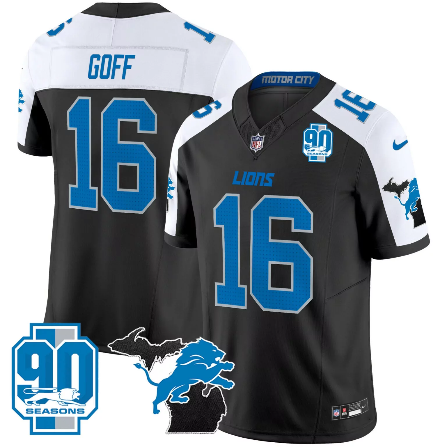 Jared Goff 16 Lions Jersey Black 90th Season Motor City Men Fitted White Blue Alternate