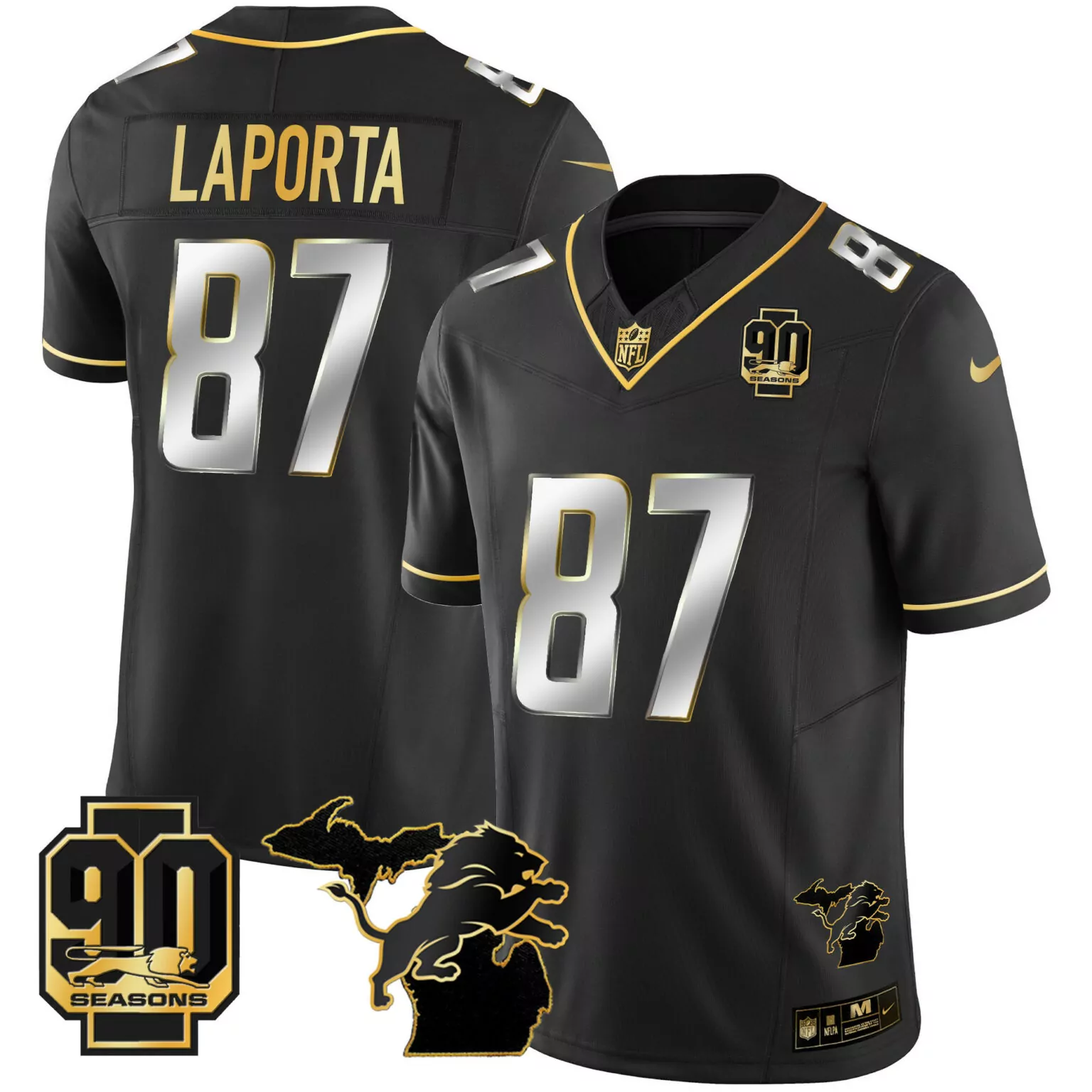 Sam Laporta 87 Lions Jersey Black 90 Seasons Men Gold Silver All Stitched