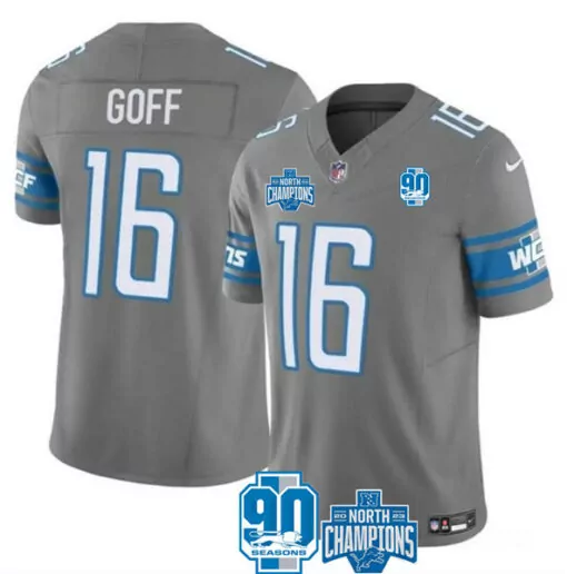 Jared Goff 16 Lions Jersey Gray 90 Seasons North Champions 2023 Men Blue White Anniversary