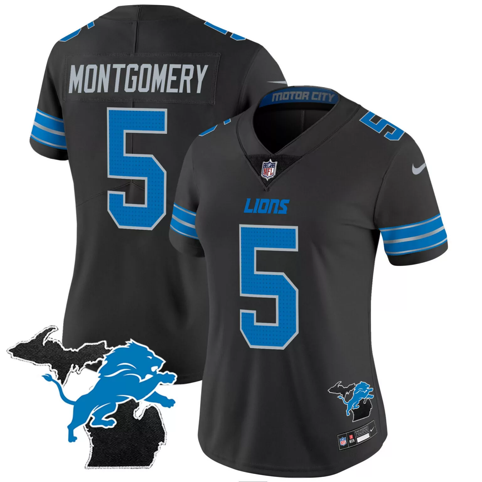 David Montgomery 5 Lions Jersey Black Men Replica Blue Silver All Stitched