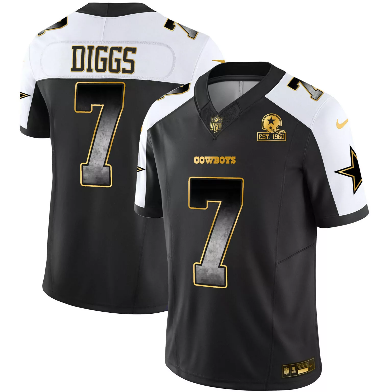 Trevon Diggs 7 Cowboys Jersey Black Est. 1960 Men Alternate Split Design White Gold