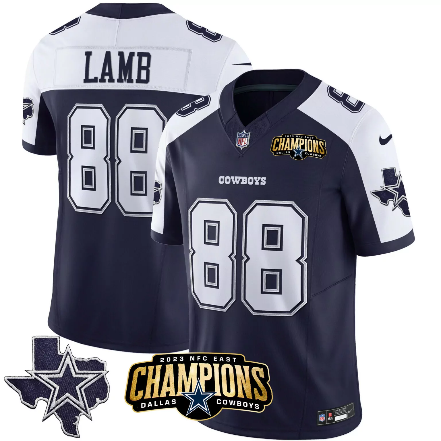 Ceedee Lamb 88 Dallas Cowboys Jersey Navy Blue 2023 NFC East Champions Men Game White