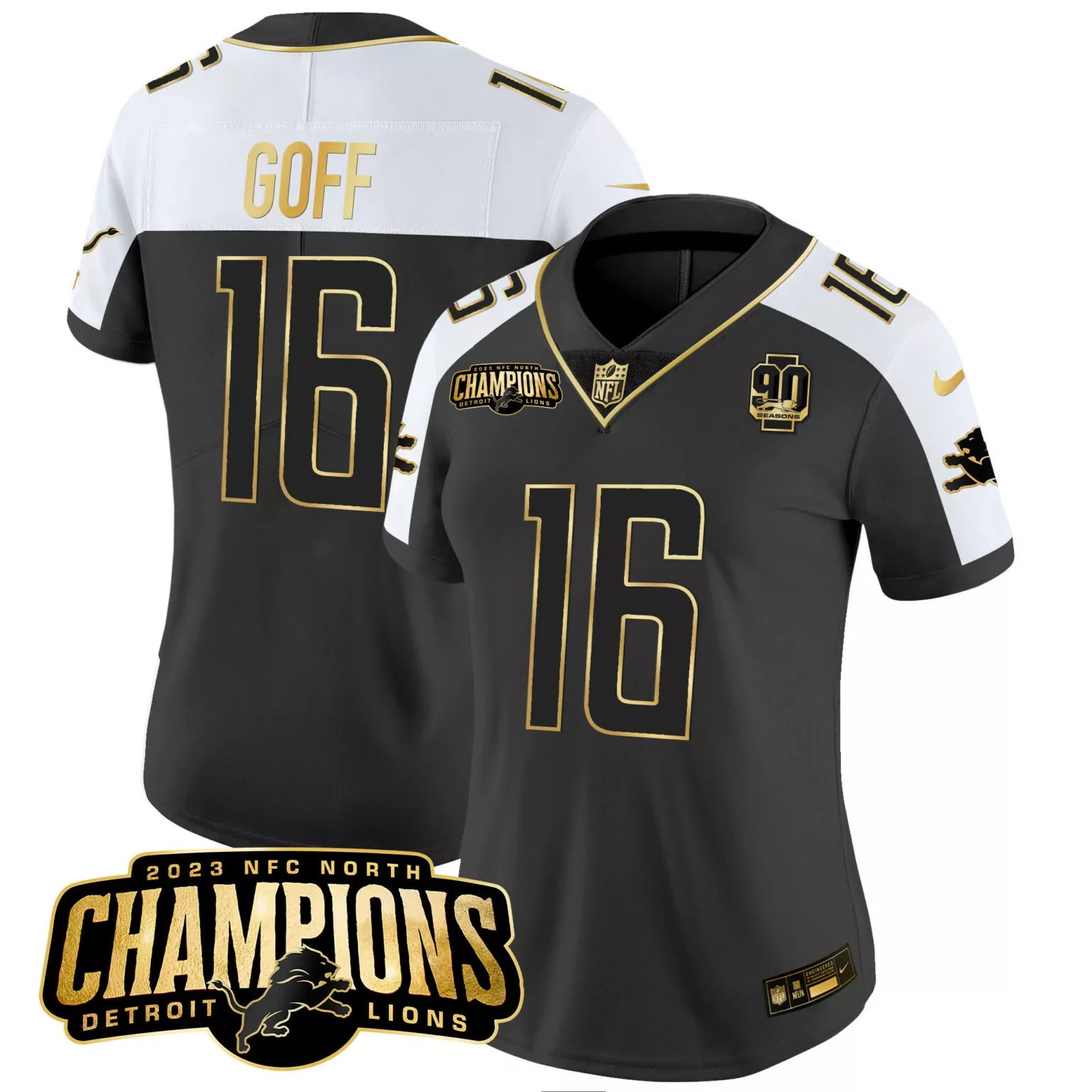 Jared Goff 16 Detroit Lions Jersey Black 2023 NFC North Champions 90 Seasons Men