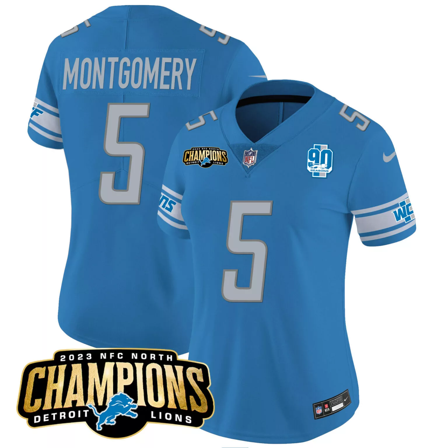 David Montgomery 5 Detroit Lions Jersey Blue 2023 NFC North Champions 90 Seasons
