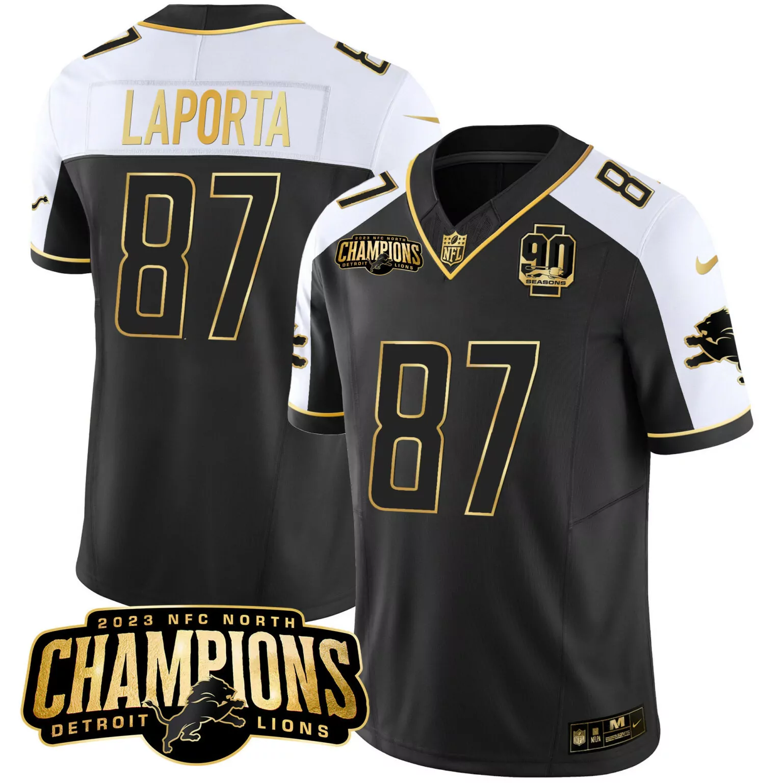 Sam Laporta 87 Detroit Lions Jersey Black 2023 NFC North Champions 90 Seasons Men