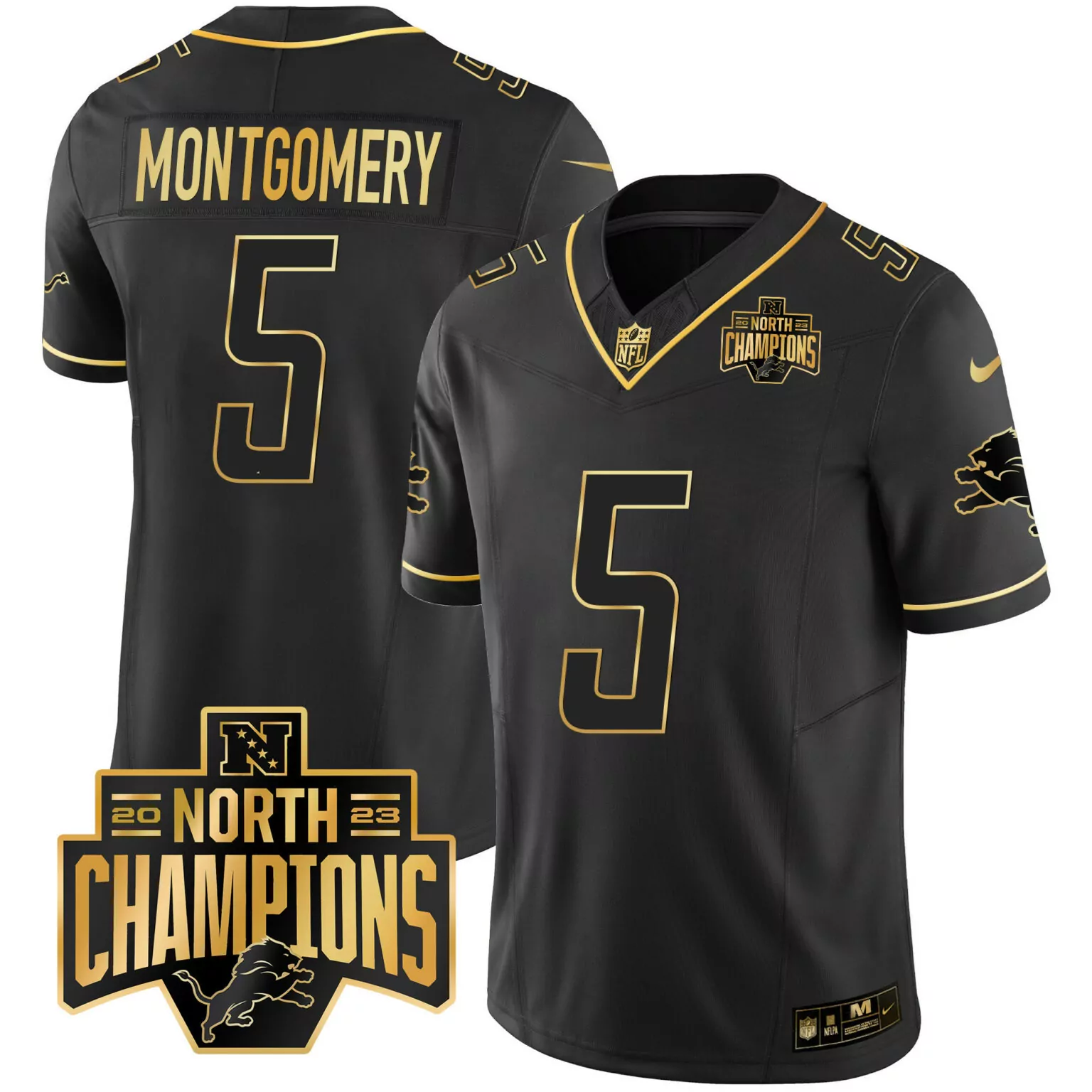 David Montgomery 5 Lions Jersey Black 2023 North Champions Nflpa Men Gold Vapor All