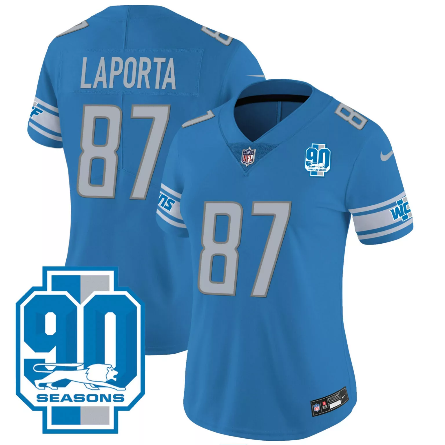 Sam Laporta 87 Detroit Lions Jersey Blue 90 Seasons Men Player Silver White All Stitched