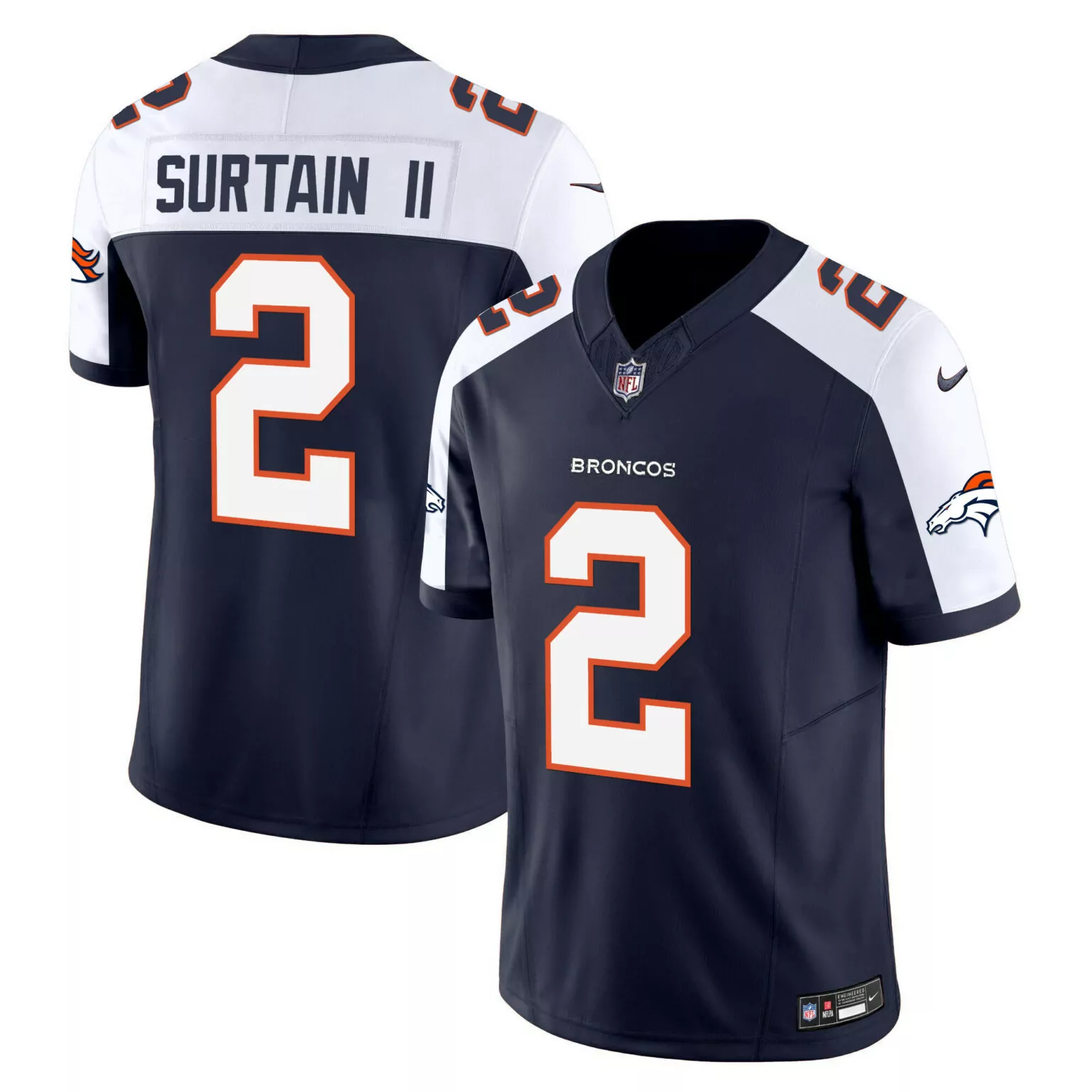 Patrick Surtain 2 Broncos Jersey Navy Men Standard White Orange Alternate All Stitched
