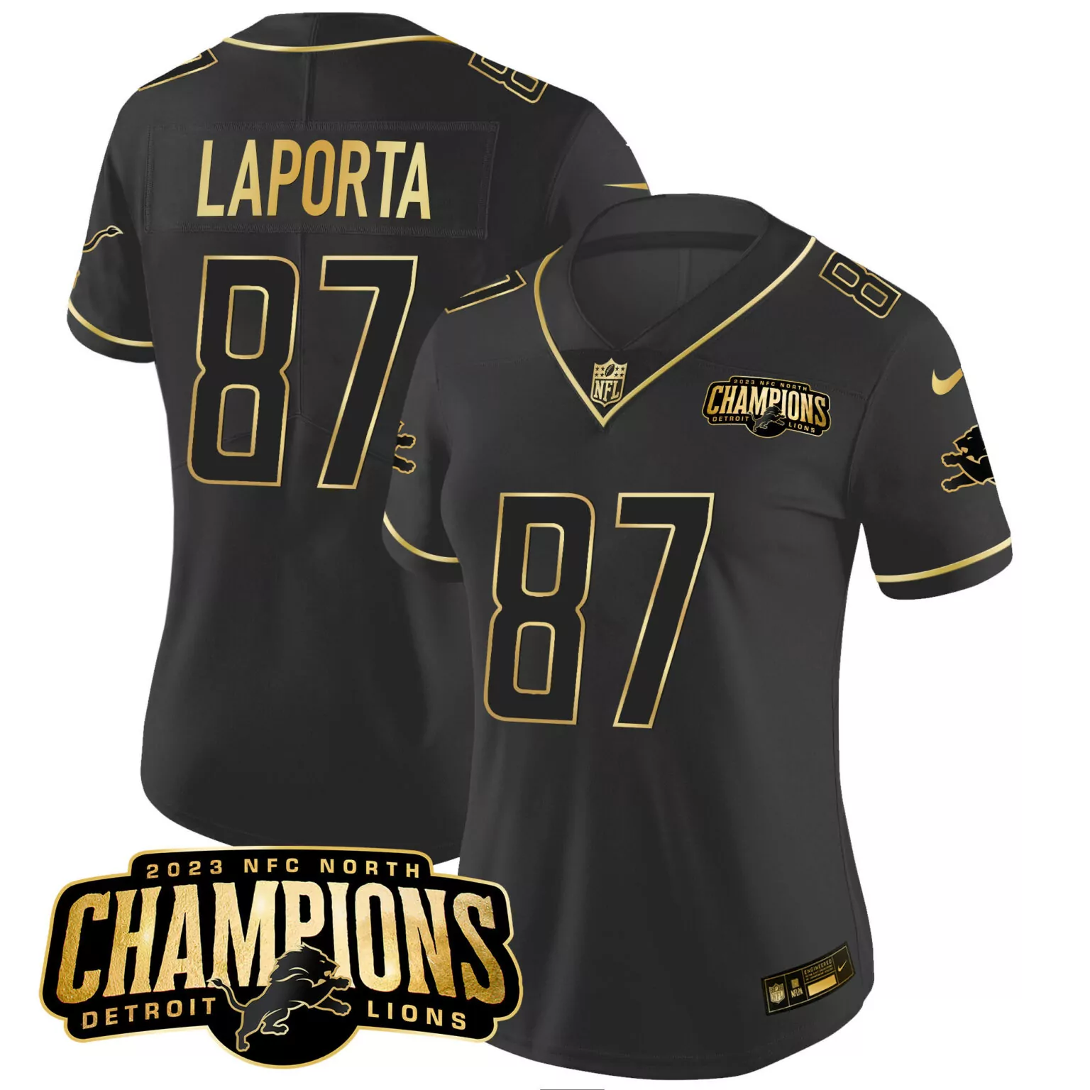 Sam Laporta 87 Detroit Lions Jersey Black 2023 NFC North Champions Men Gold All Stitched