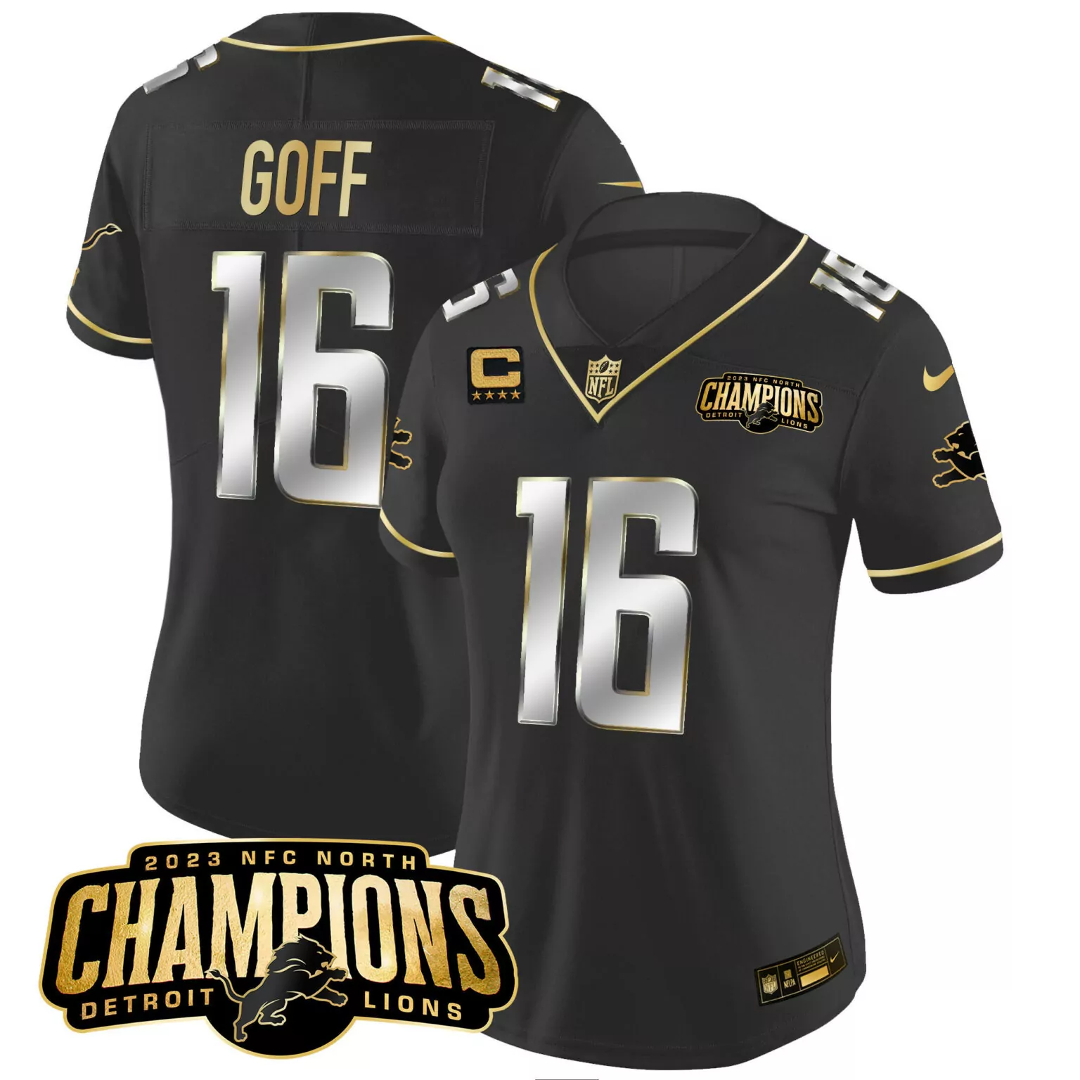 Jared Goff 16 Detroit Lions Jersey Black 2023 NFC North Champions Men Official Gold