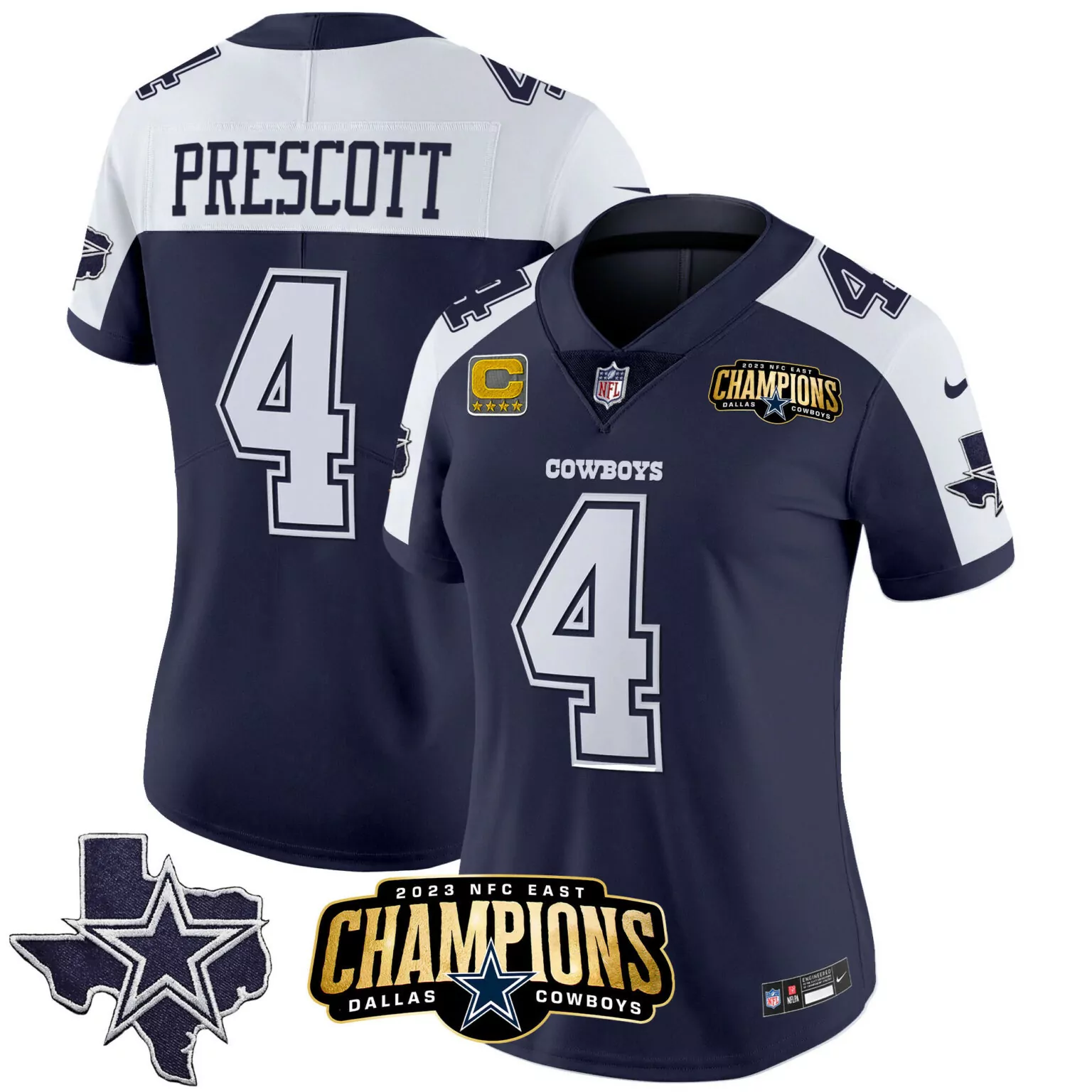Dak Prescott 4 Cowboys Jersey Navy Blue NFC East Champions 2023 Men Player White