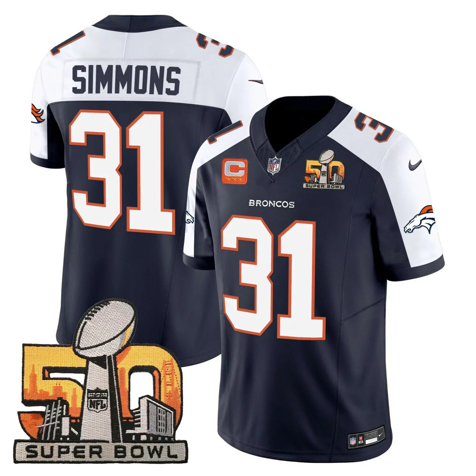 Justin Simmons 31 Broncos Jersey Navy Super Bowl 50 Men White Orange Alternate All